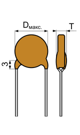Габаритные размеры дисковых (однослойных) конденсаторов К10-7В, К10-19, КД-2