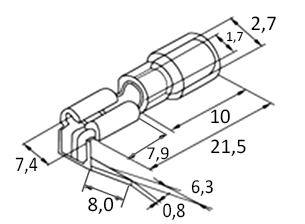 Схема наконечника плоского изолированного PBDD1.25-250 0,5-1,5 мм² 2 x 0,8х6,35 мм