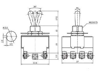 Размеры тумблеров четырехполюсных серии KN3(B)-403A Размеры тумблеров KN3(B)-403A